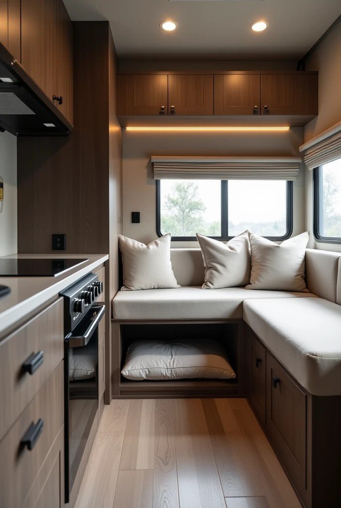 Sleek RV Nook – Minimalist Design with a Pet-Friendly Twist