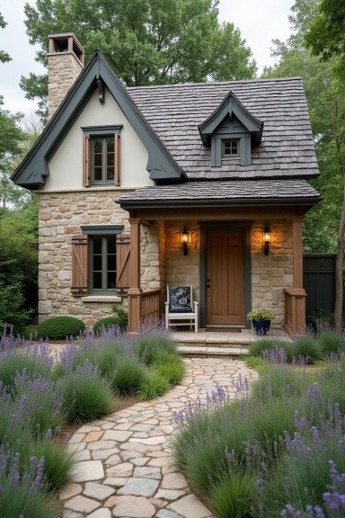 Lavender-Lined French Cottage – Rustic Stone Elegance with Timber Warmth