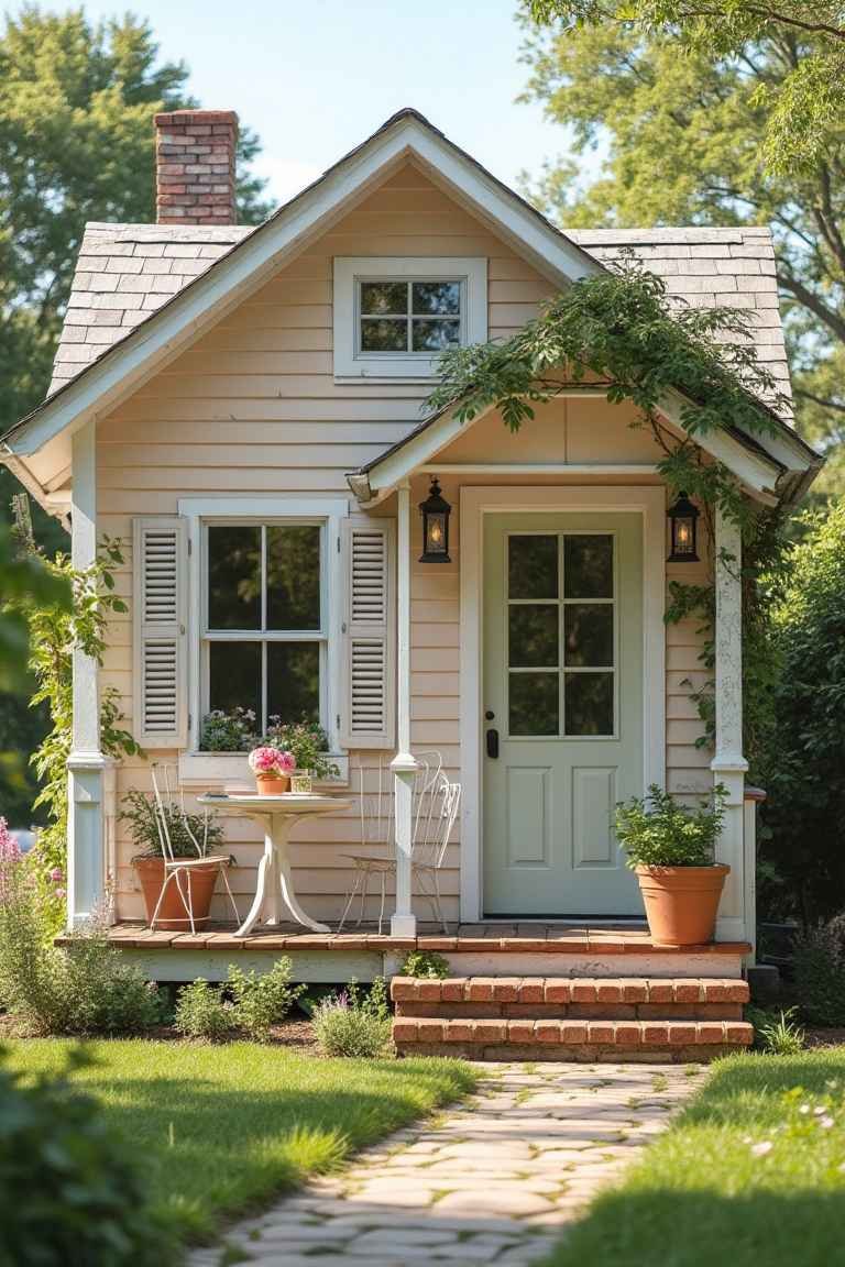 Pastel Charm – Sun-Kissed Cottage with Shuttered Windows and Blooming 