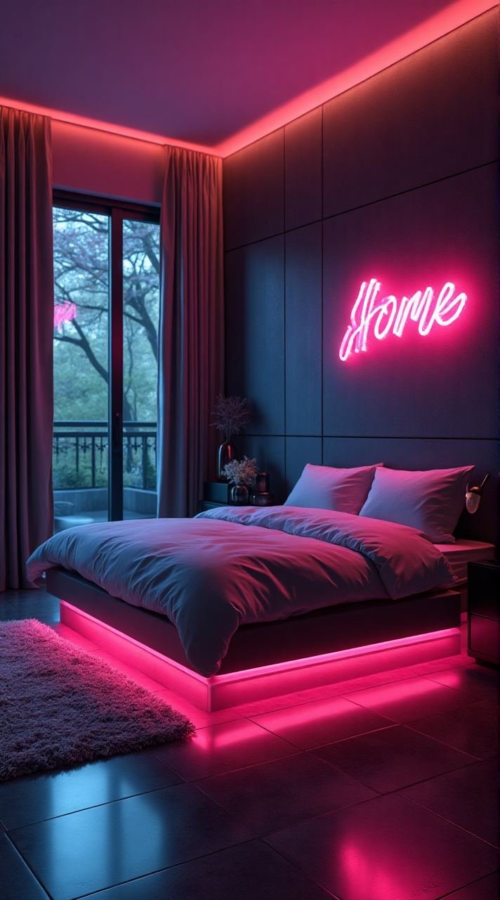 Sleek Radiance: Futuristic Neon Bedroom Glow