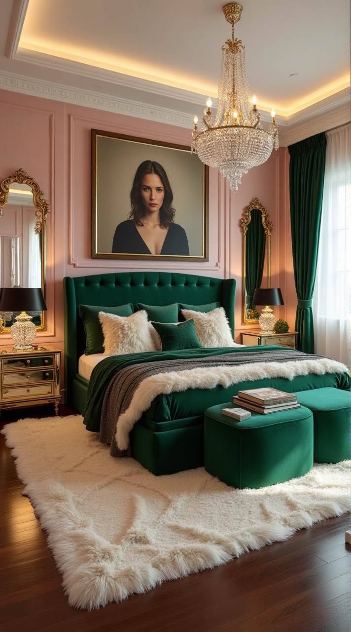 Emerald and Blush Elegance - A Hollywood Regency Bedroom Masterpiece