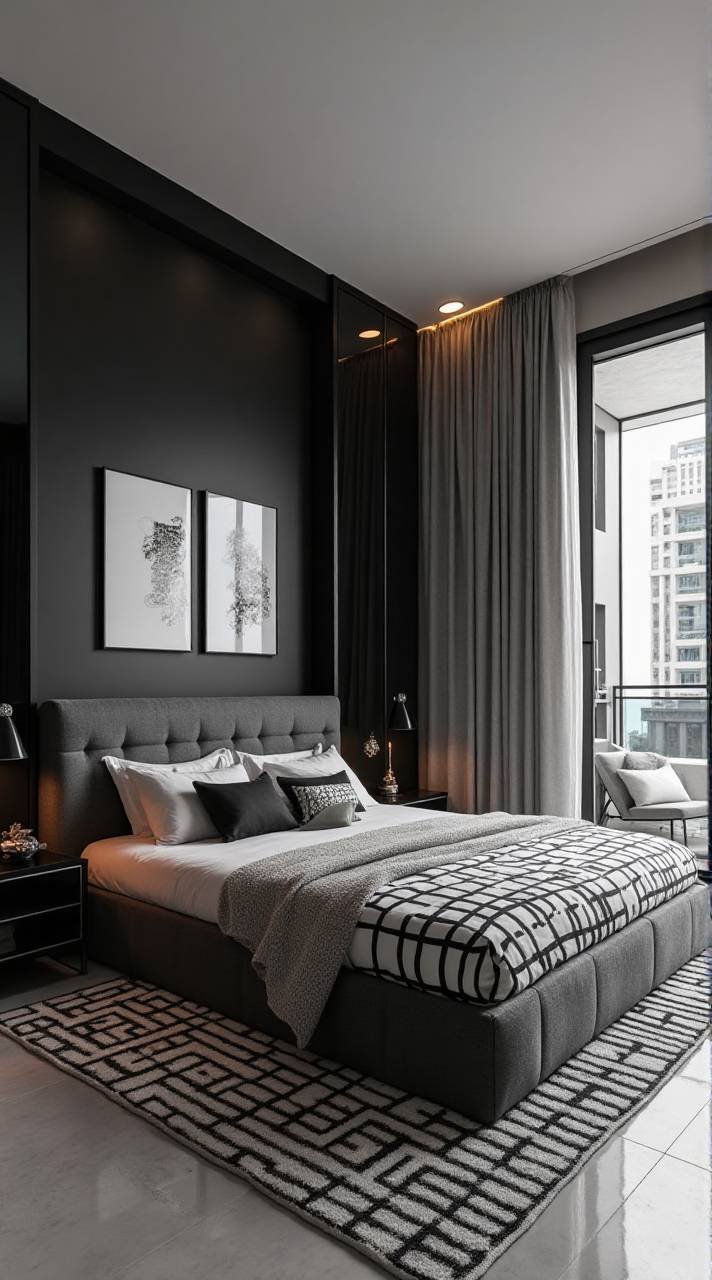Sleek Symmetry: Modern Monochrome Bedroom Retreat