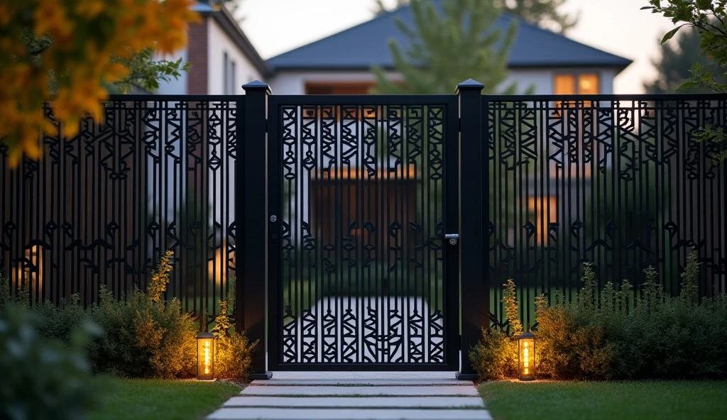 Sleek Sophistication – Black Metal Fence with Geometric Patterns