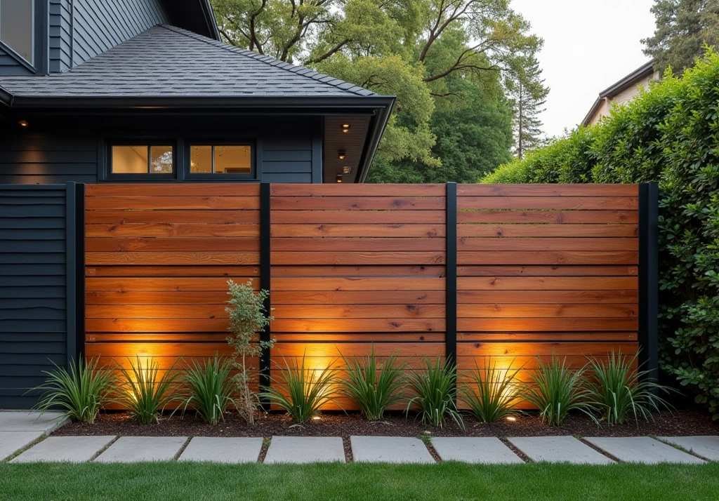 Warmth Meets Structure – A Modern Horizontal Slat Wood Fence with Metal Accents