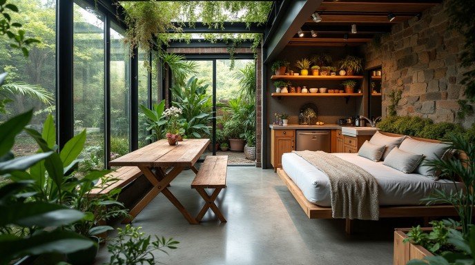 Urban Jungle – Biophilic Glass Box Tiny Home Interior