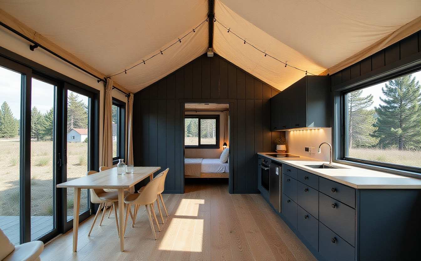 sail loft – tension-cable elevated tent-form home interiors