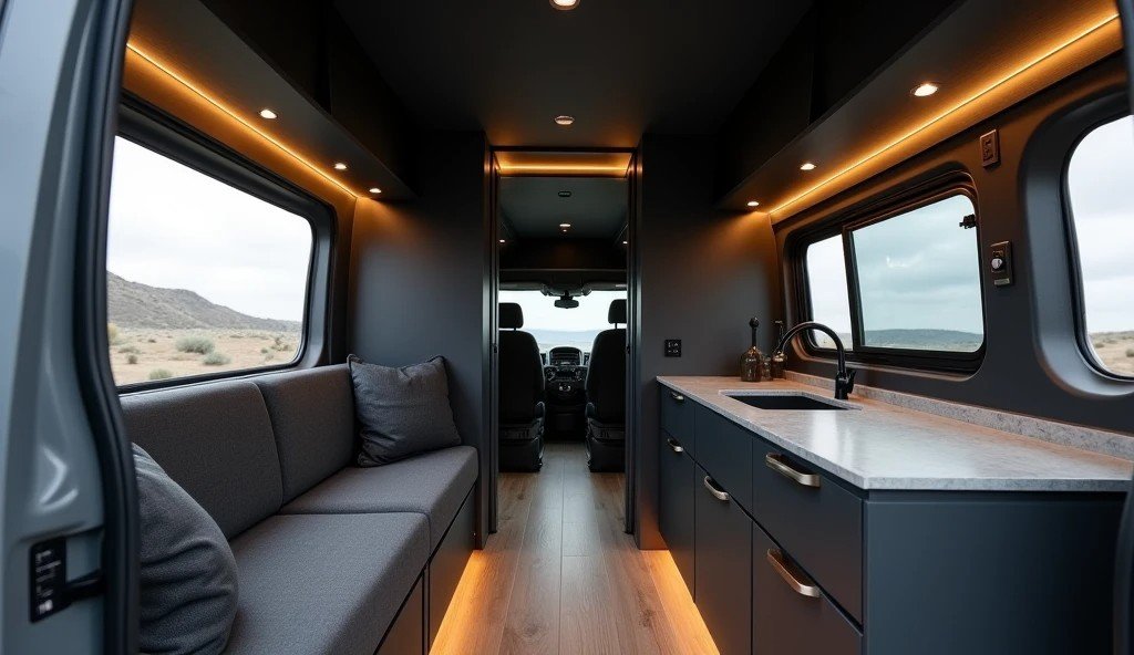Stealth Warehouse Panel Van – Minimalist Retreat interior
