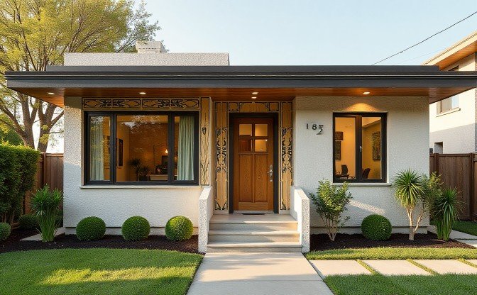 Geometric Bronze & Grasscloth Glamour Suite - Art Deco Tiny Home That Channels 1920s Jazz Age Sophistication