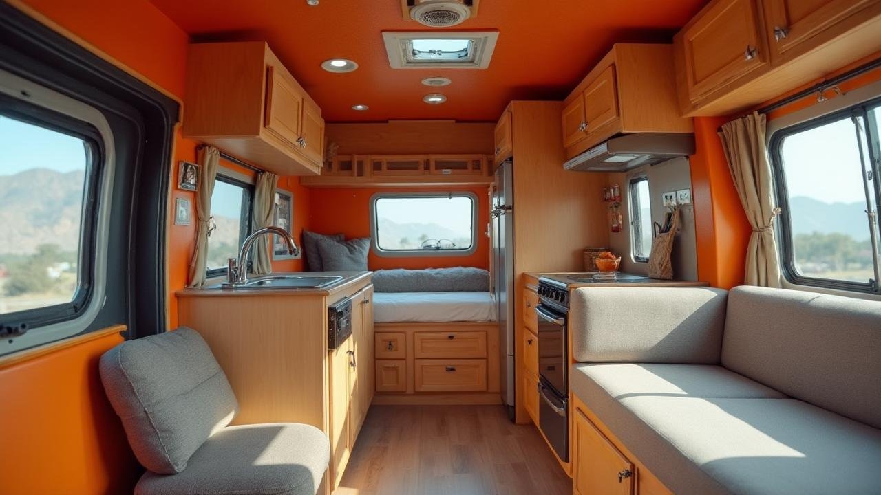 Blaze Orange RV and Its Private Deck Interior