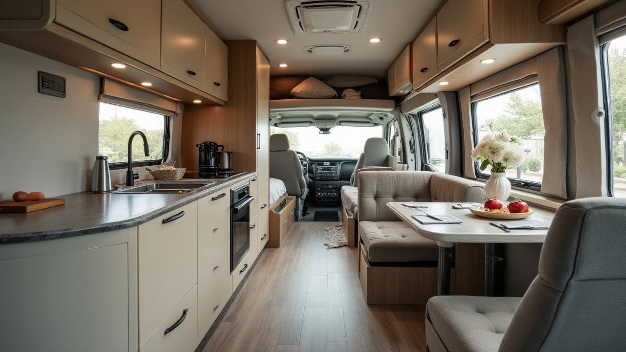 Expansive Camping RV with Concealed Vehicle Bay Interior