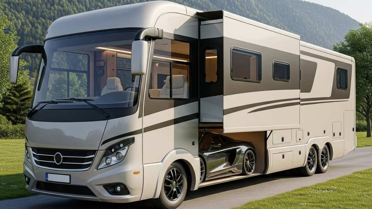 Pearl White Sophistication and Alpine Adventures - Expansive Camping RV with Concealed Vehicle Bay