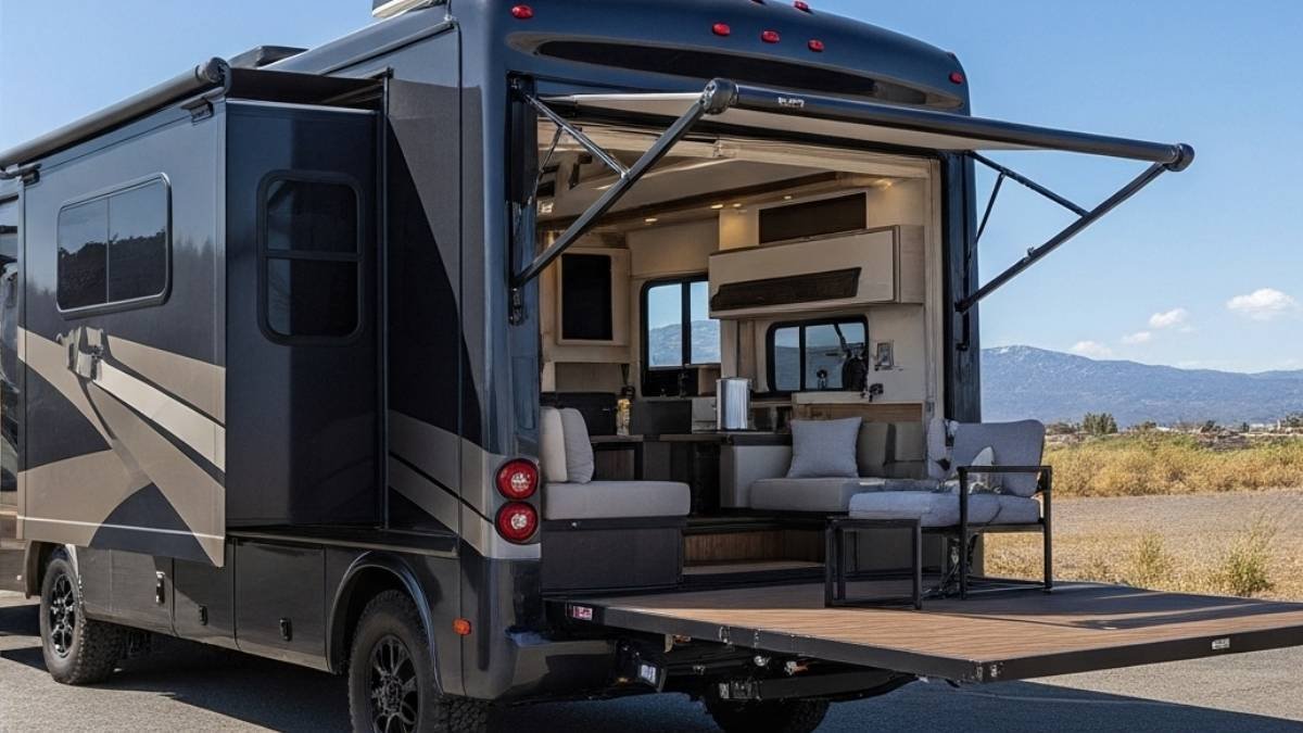 Charcoal and Champagne Alpine Retreat - Experience the Outdoors, Elevated Modern RV with an Extended Deck