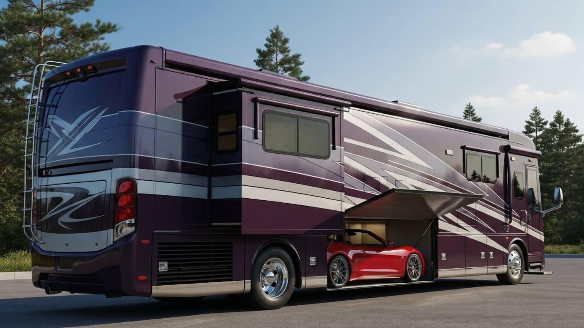 Burgundy Dream Machine - Luxury RV with Integrated Sports Car Garage