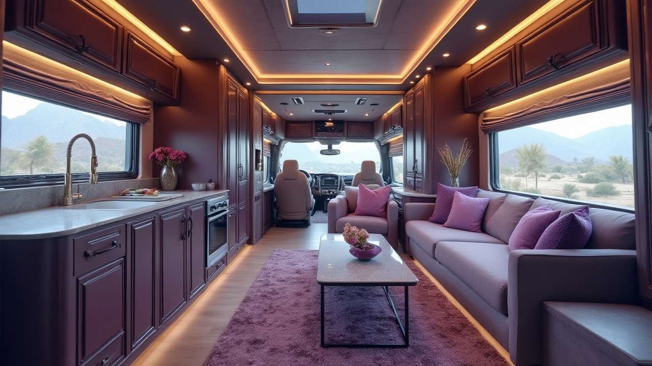 High-End RV featuring a Built-in Garage for a Sports Car Interior