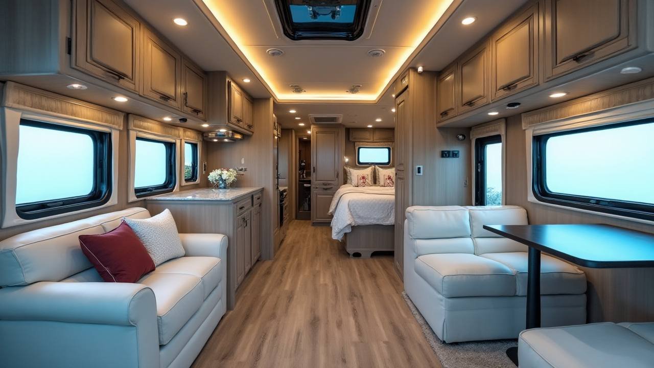 Luxury RV with Integrated Vehicle Storage Interior