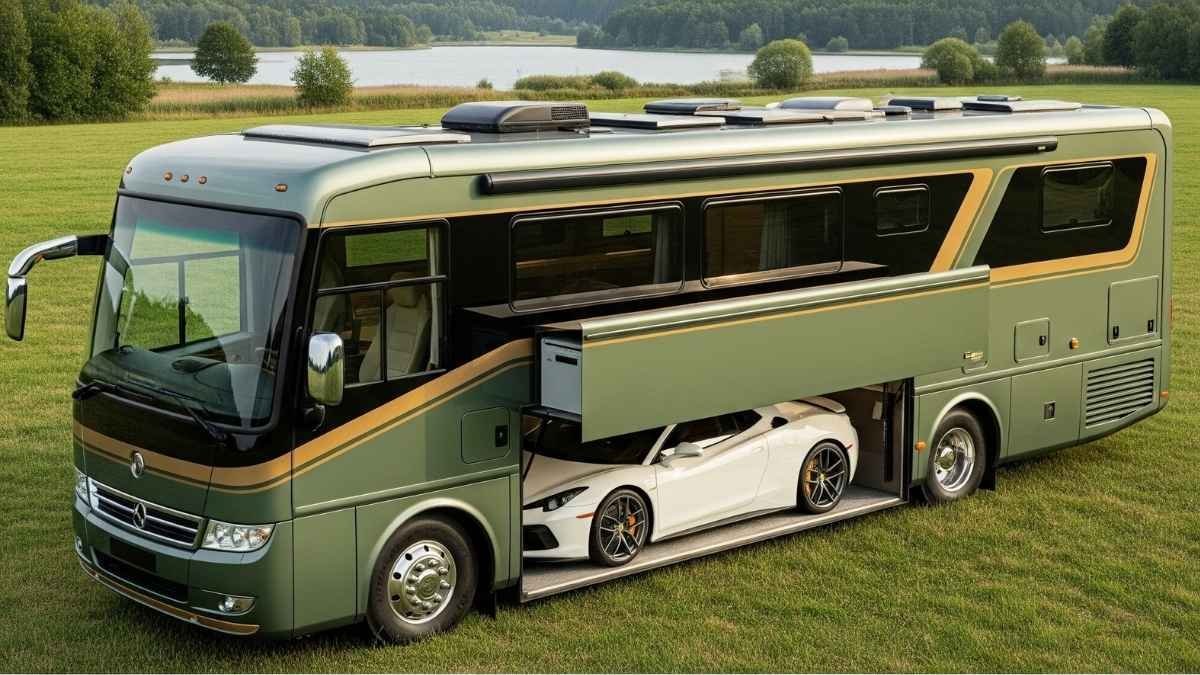 Sage Green Sophistication and Golden Accents - Pullman Camper with Slide-Out Garage
