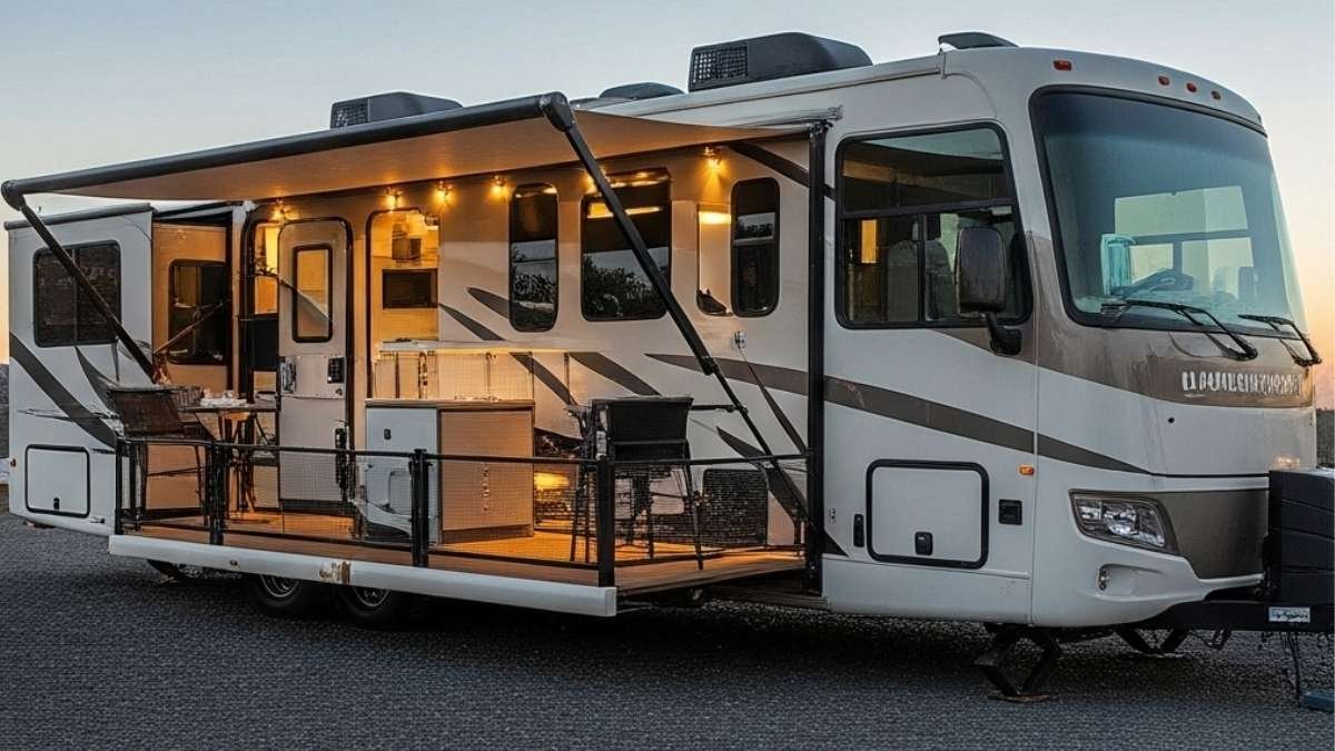 Silver and Gold Evening Sanctuary - RV with Illuminated Patio Deck