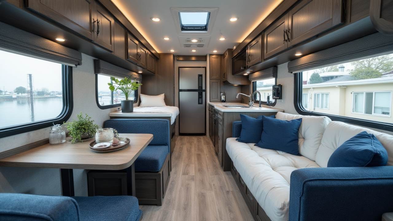 Spacious Class A RV Featuring Integrated Vehicle Storage interior