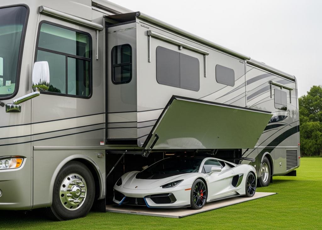 Sage Green Elegance and Pearl White Power - Spacious RV with Retractable Hidden Garage