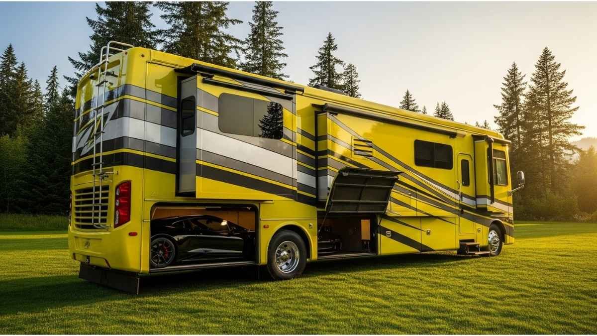 Sunshine Voyager - Bold Yellow RV with Integrated Sports Car Transport