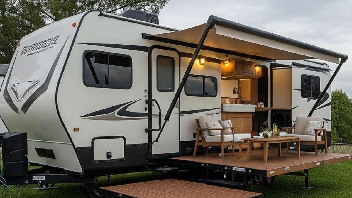 Honey Wood and Platinum Retreat - Ultimate Comfort Travel Trailer with Outdoor Lounge