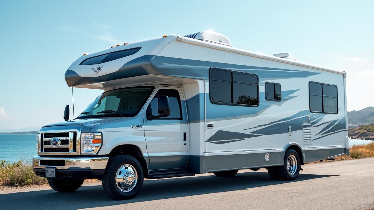 Ocean Blue and White Motorhome - Coastal Retreat RV Sanctuary