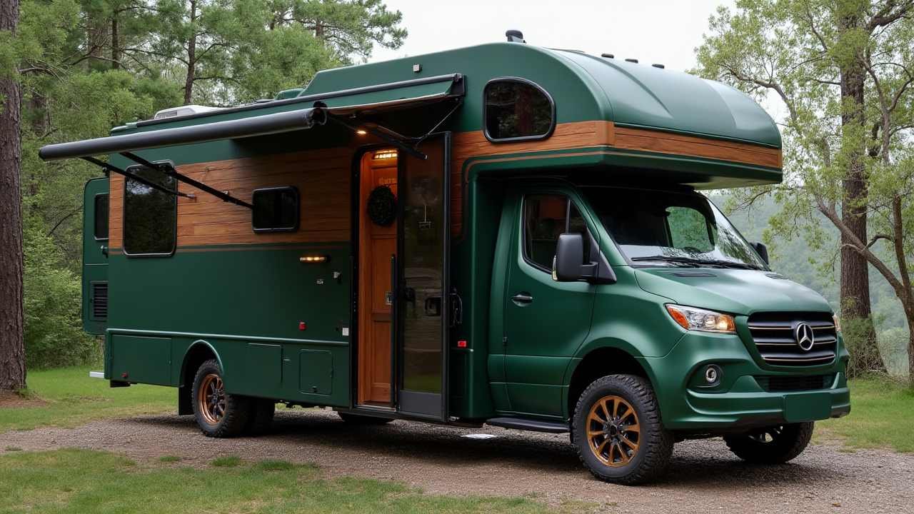 Forest Green and Teak Luxury RV - Mountain Lodge Mobile Retreat