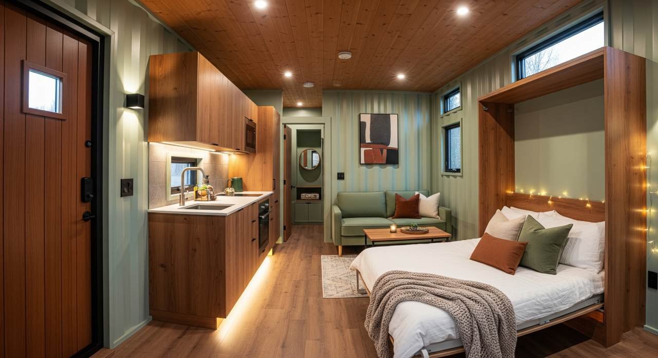 Scandi-Coastal Tiny Retreat with Slanted Roof Addition interior