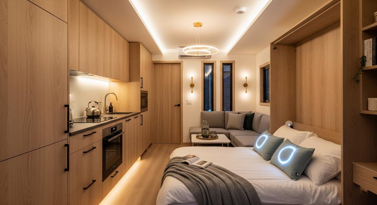 Scandinavian Timber Cube – Calm Living with Cozy Tech Layers interior