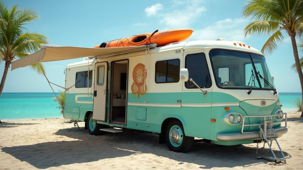 Turquoise and Cream Beach Cruiser RV - Tropical Island Escape on Wheels