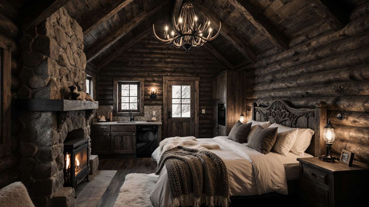 Alpine Aged-Wood Chalet Cabin interior