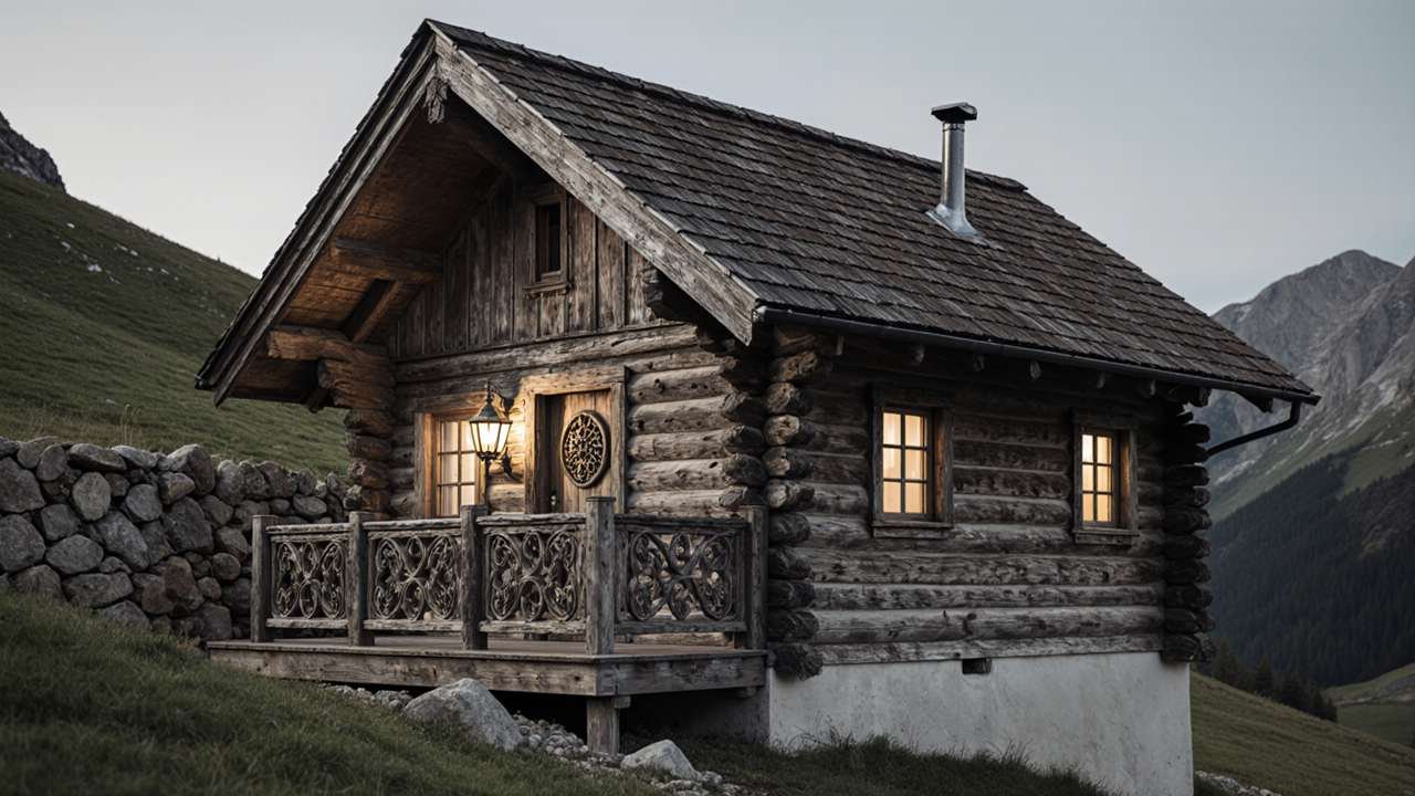 Weathered Timber & Stone Alpine Sanctuary - Aged-Wood Chalet Cabin