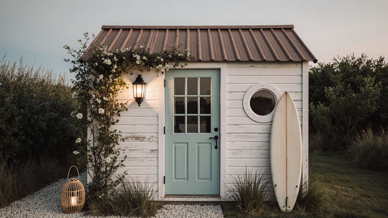 Sage & Weathered White Writer's Sanctuary - Coastal Boho Shed for Creative Escape