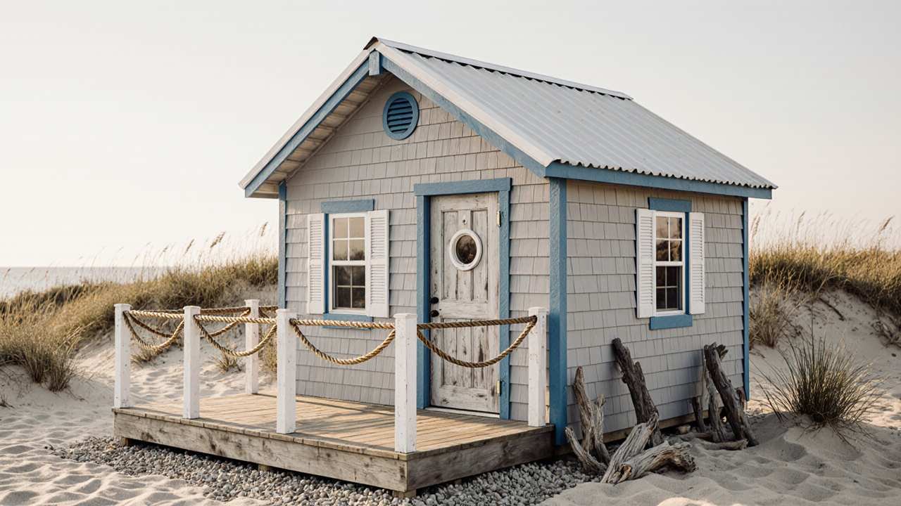 Ocean Breeze Blue & Gray Beach Cottage - Coastal Shed Design with Nautical Soul