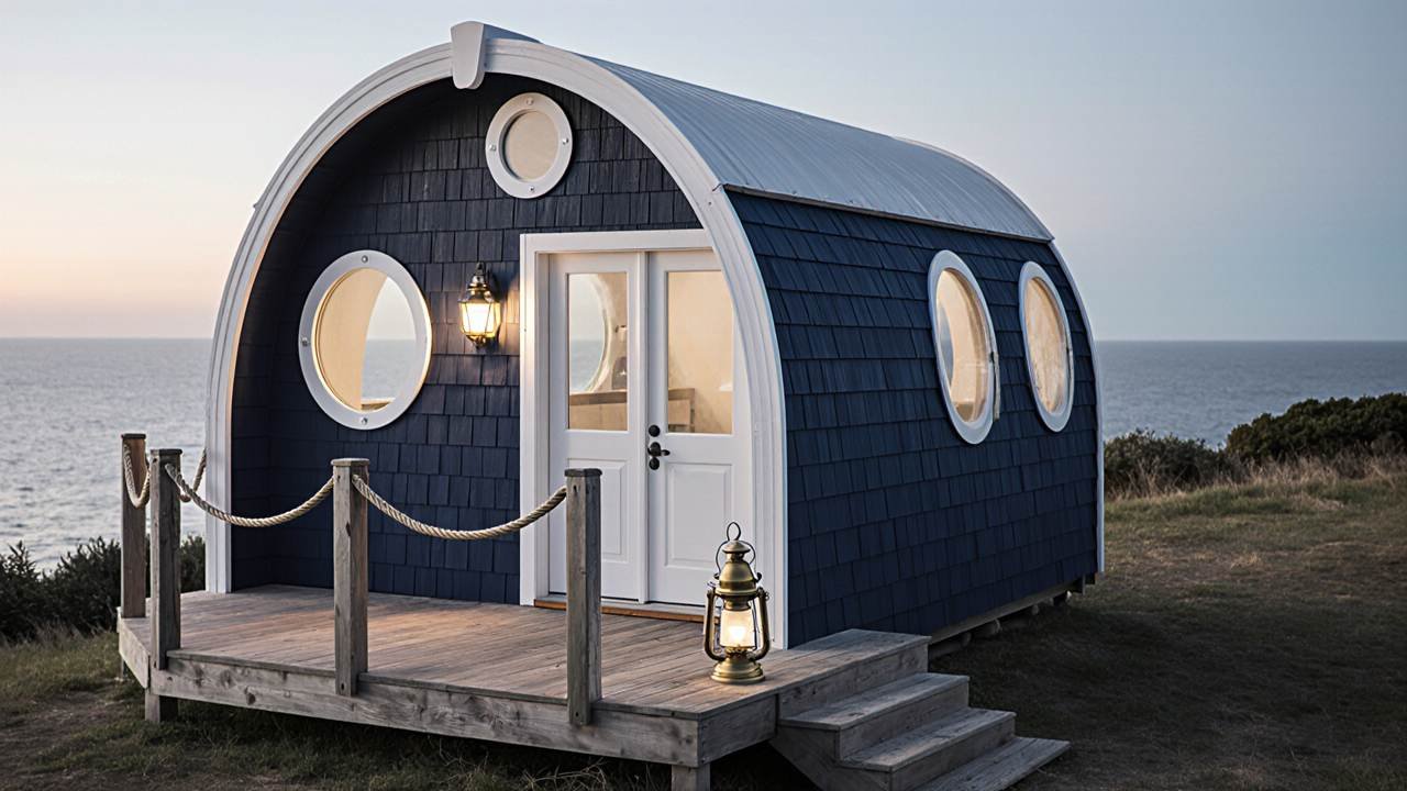 Navy Porthole Escape - Coastal Nautical Pod That Channels Maritime Adventure