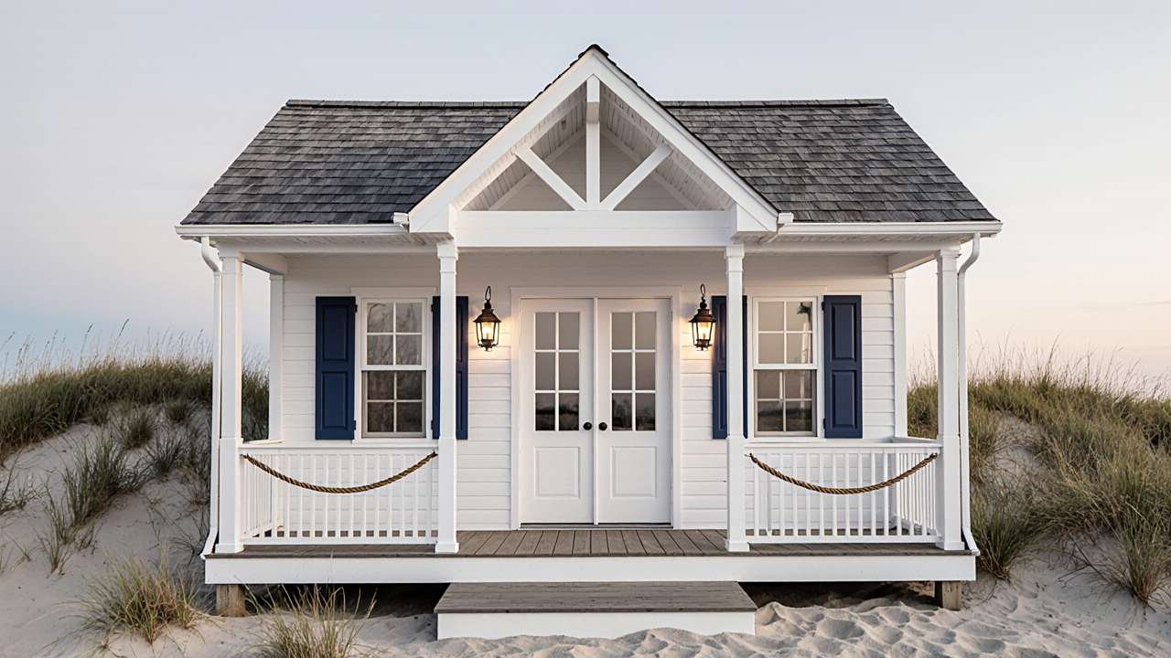 Navy & White Seaside Cabin - Coastal Nautical Shed Cottage