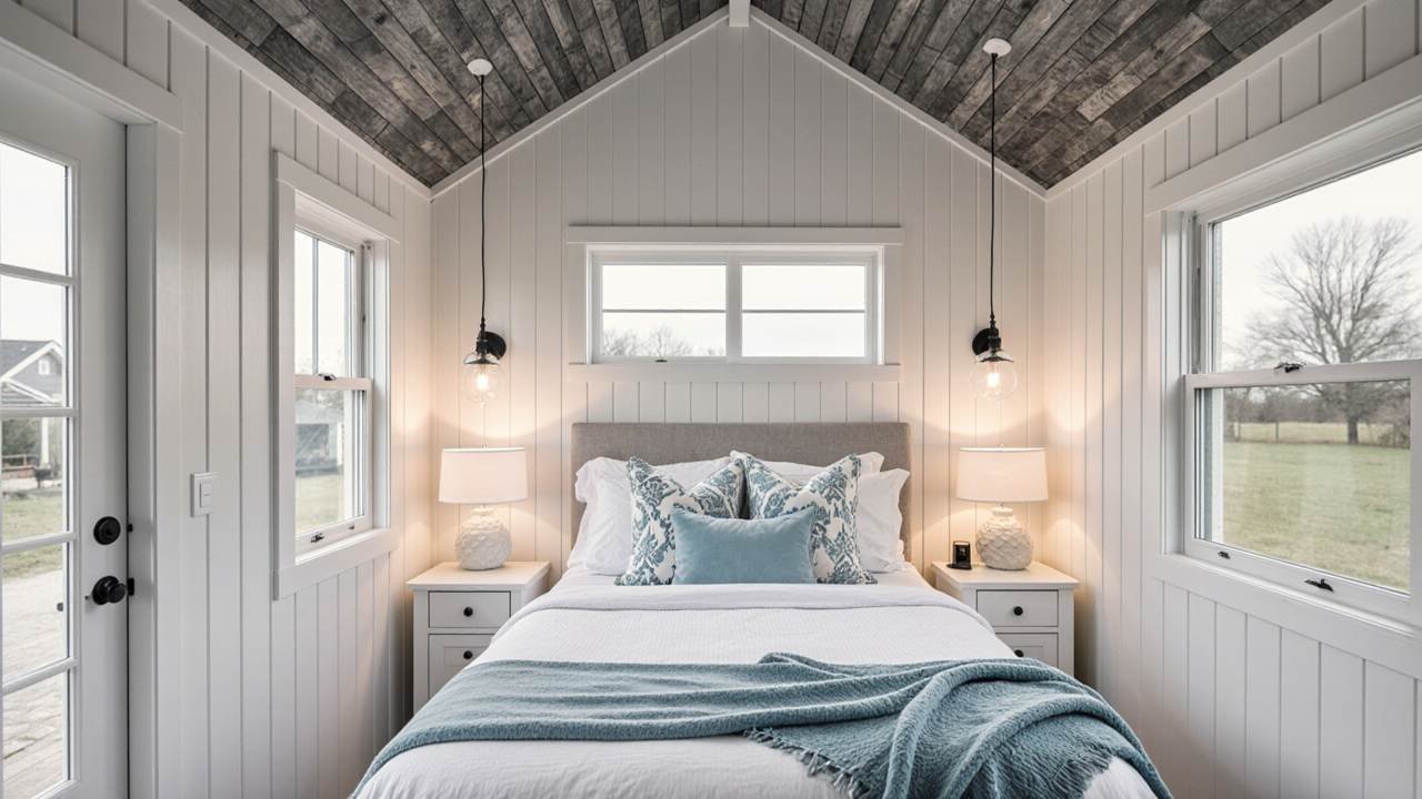 White and Blue Seaside Sanctuary - Coastal-Style Guest Shed with Nautical Charm interior