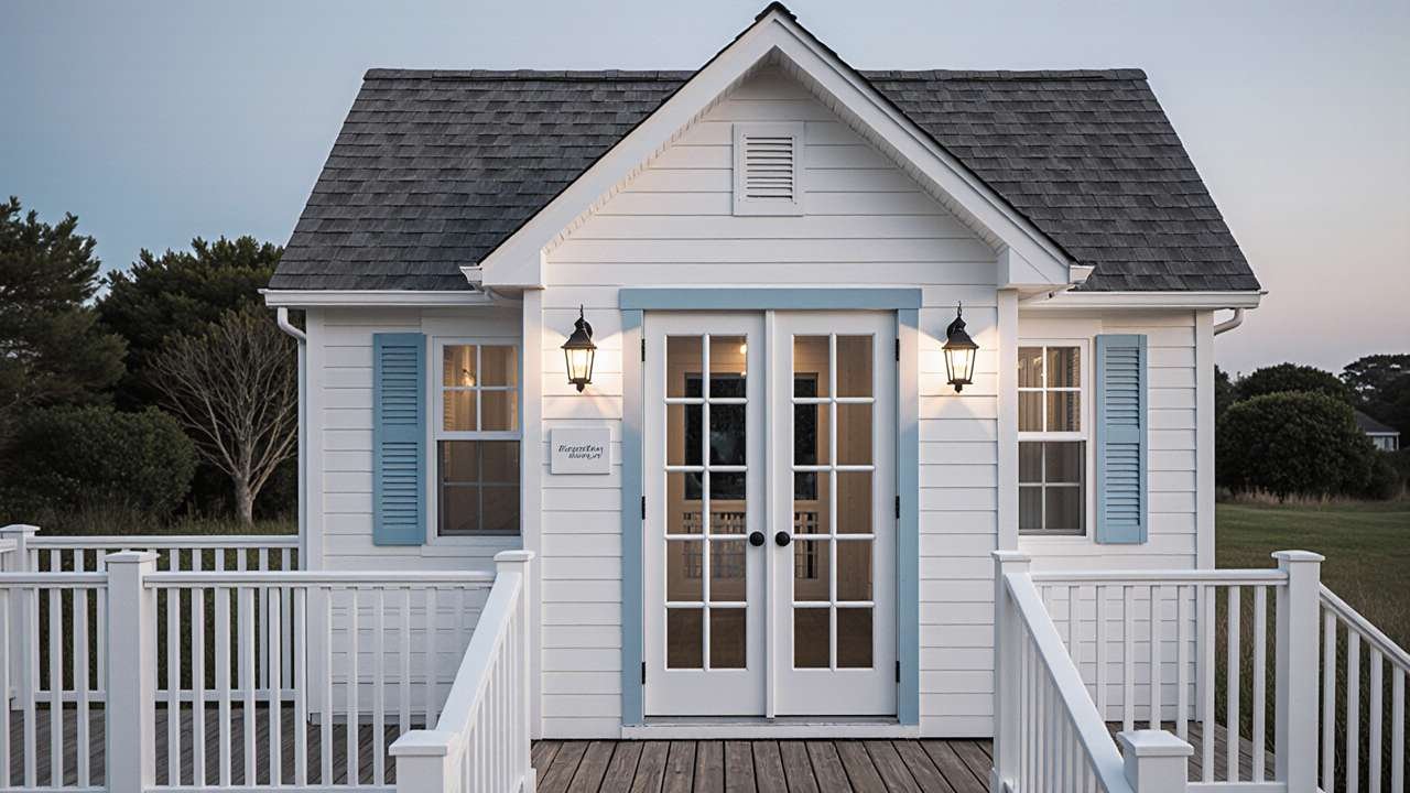 White and Blue Seaside Sanctuary - Coastal-Style Guest Shed with Nautical Charm