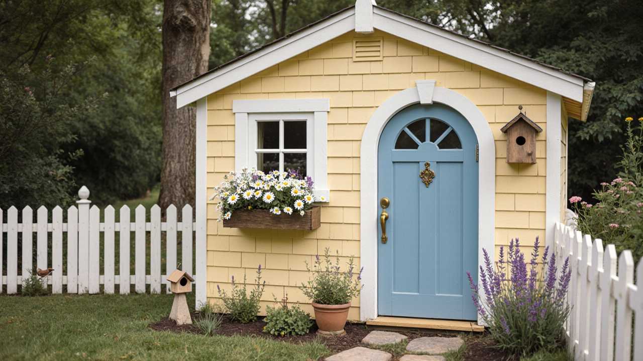 Butter Yellow & Sky Blue Stitching Cottage - Cottagecore Sewing Shed for Vintage Crafters