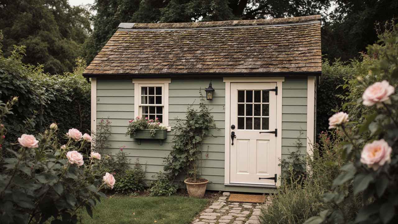 Sage Green & Climbing Rose Retreat - English Garden Shed with Cottage Soul