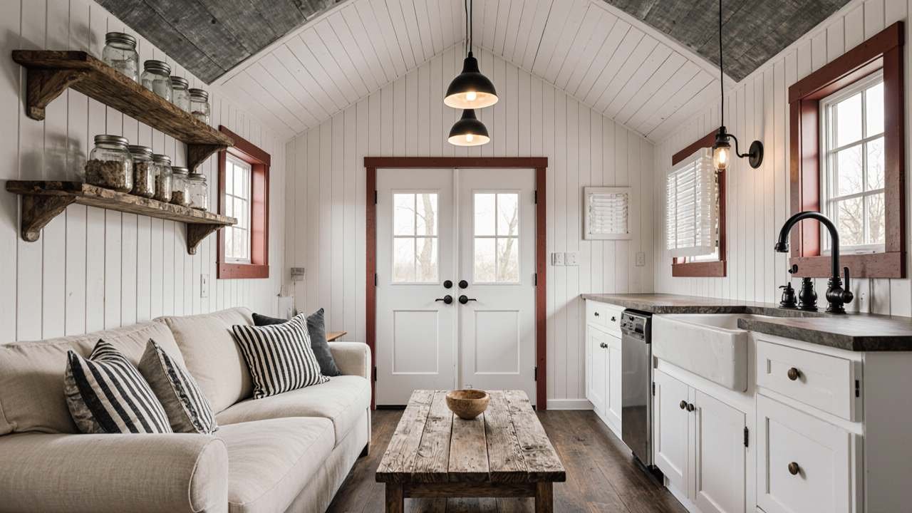 Farmhouse Chic Shed – White & Warm Rustic Style interior