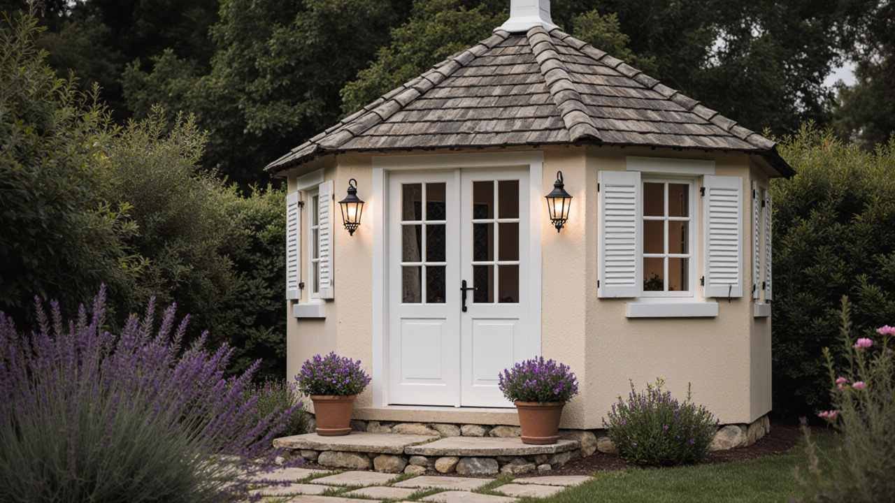 Warm Beige Provence Pavilion - French Country Tea Shed with Lavender Garden Charm