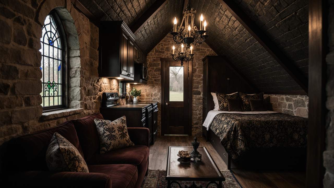 Gothic Revival – Tiny Home from Salvaged Stone and Iron interior