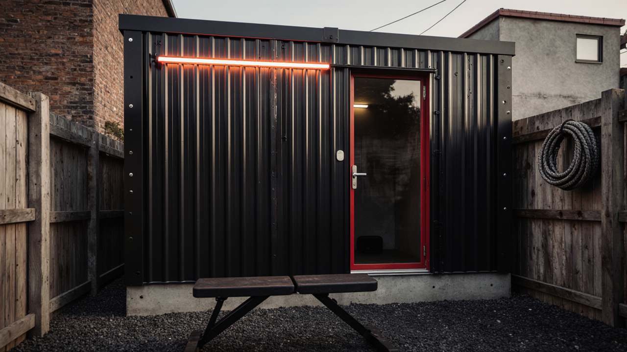 Coal Black Steel Fortress - Industrial Micro Gym Shed for Urban Athletes