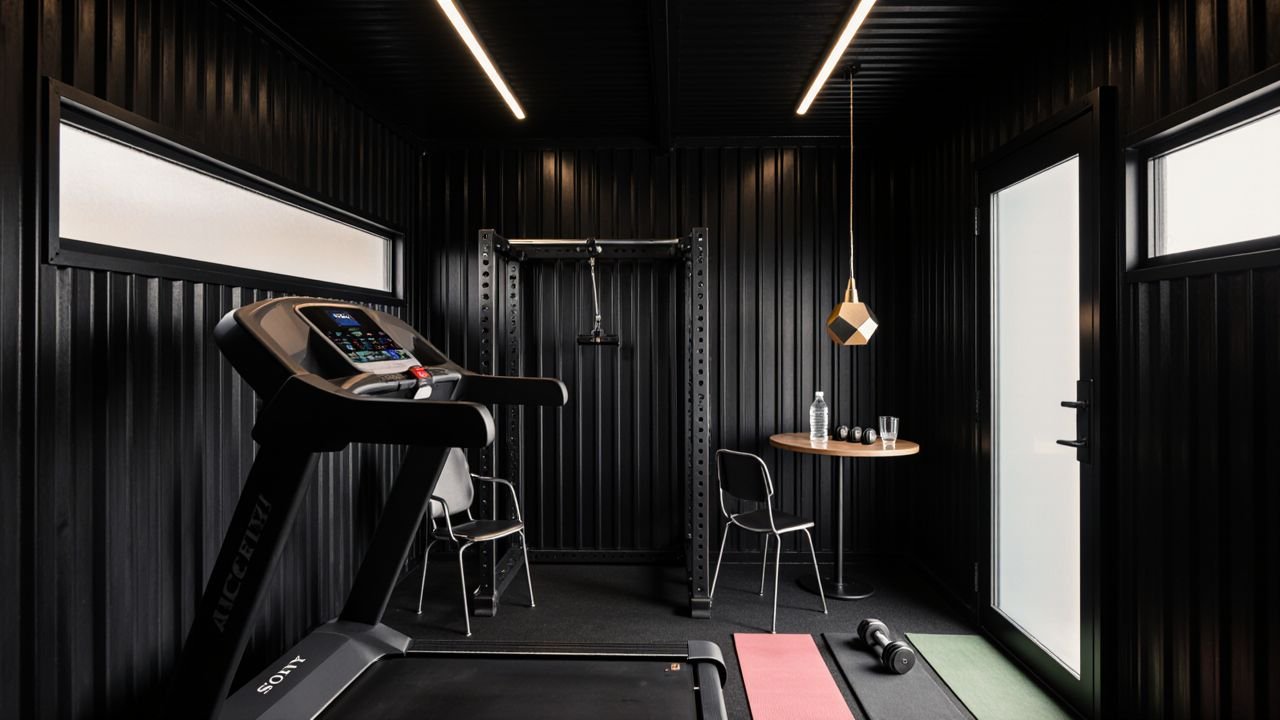 Matte Black Fitness Fortress - Industrial Minimalist Gym Shed with Urban Edge interior