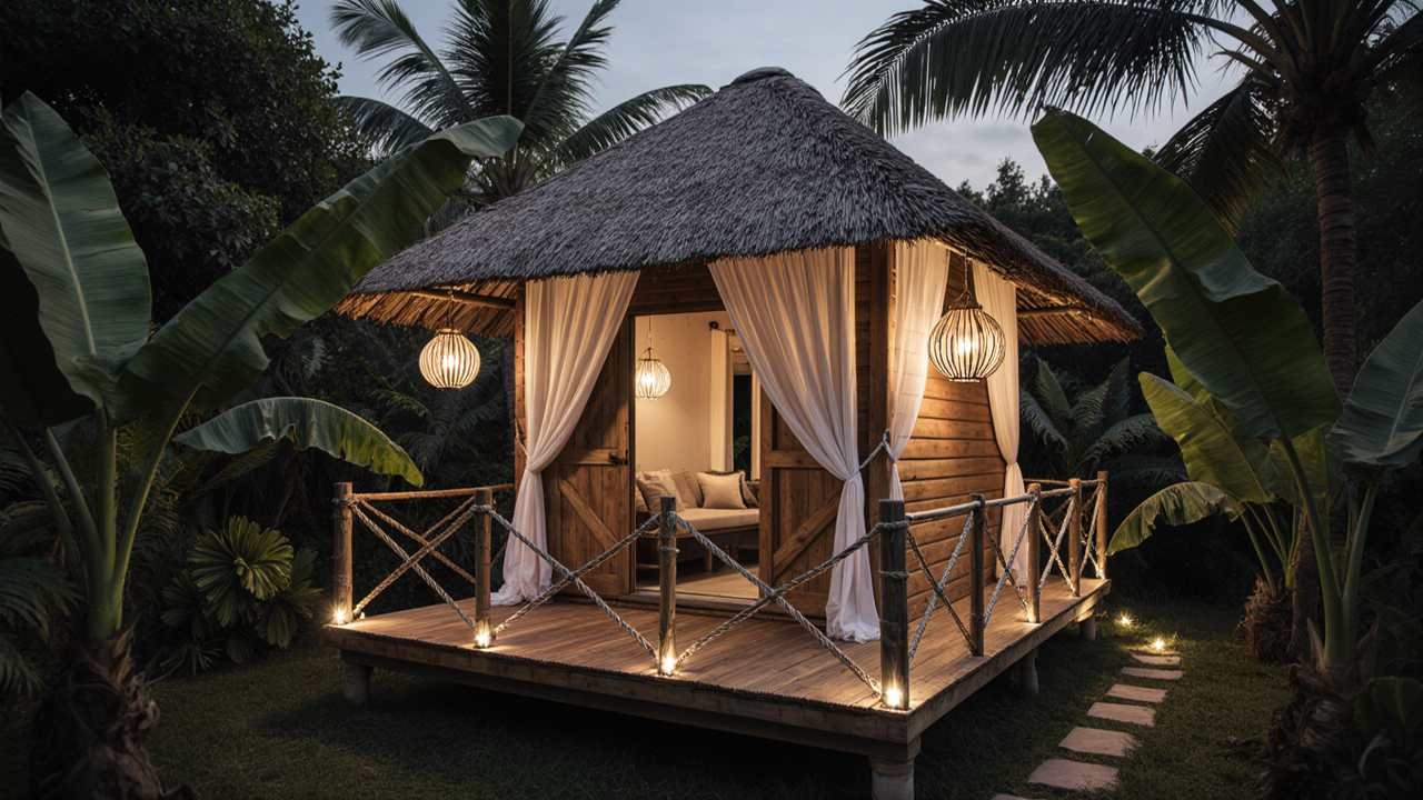 Thatched Palm Paradise Hut - Jungle Glamping Shed for Tropical Escapes