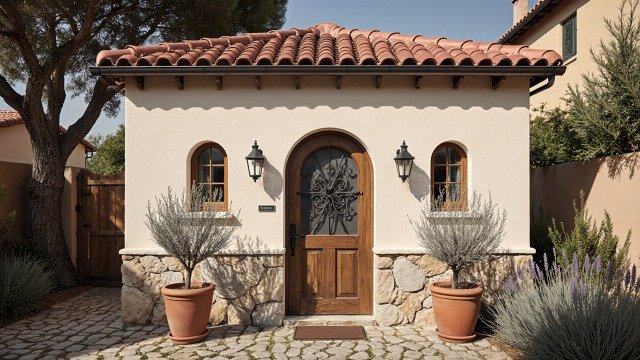 Terra Cotta & Cream Stucco Casita - Mediterranean Shed for Sun-Soaked Relaxation