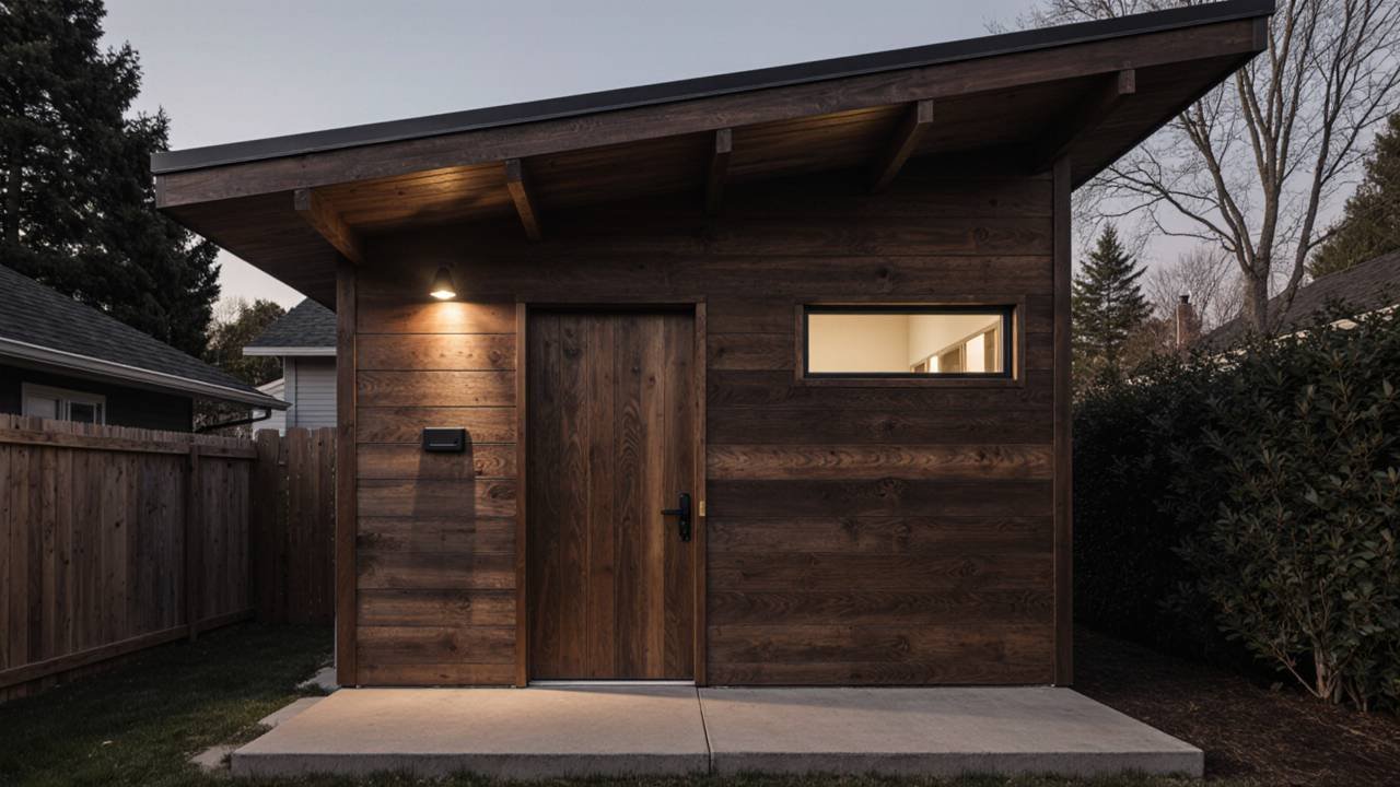 Dark Wood Studio Retreat - Mid-Century Modern Workshop Shed with Sophisticated Edge
