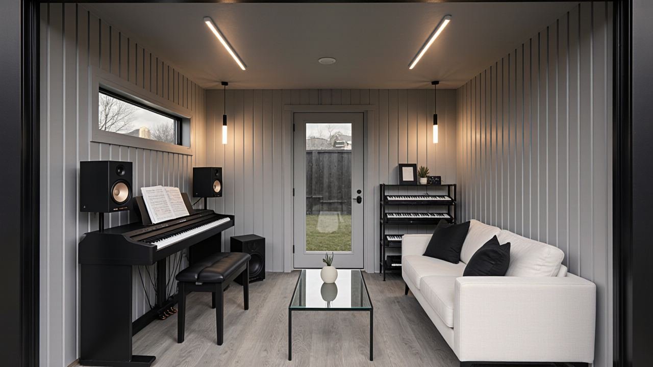 Charcoal Grey Sound Studio - Modern Minimalist Music Shed with Professional Edge interior