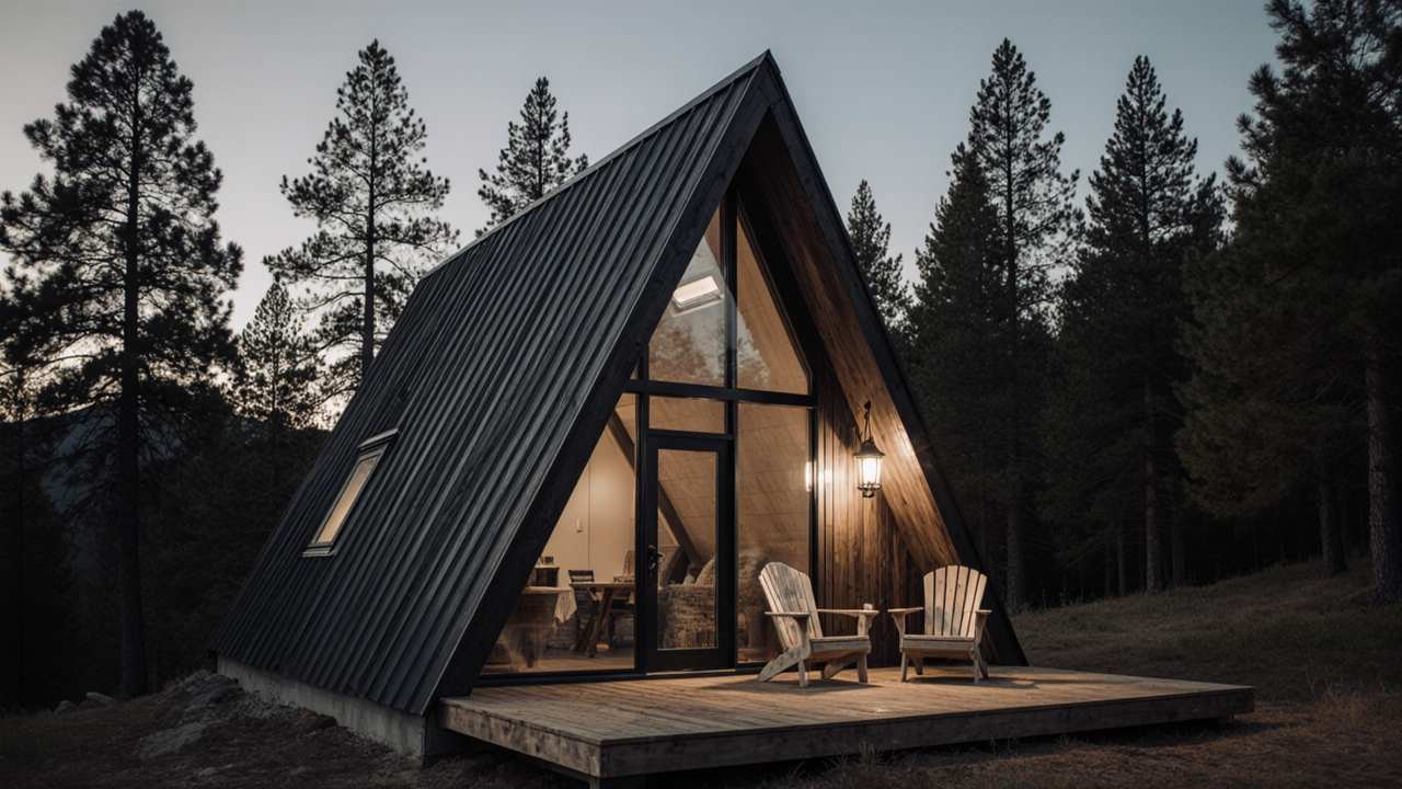 Black Steel A-Frame Retreat - Off-Grid Adventure Cabin in Forest Clearing